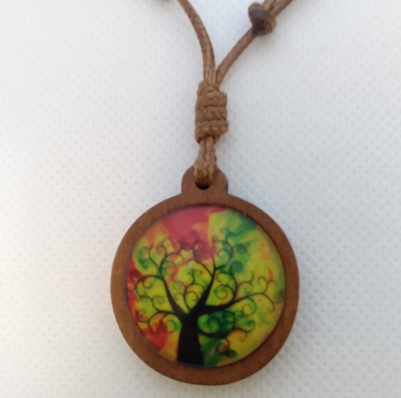 Handmade Rasta Color Tree Cabochon on Round Wood Pendant. Adjustable Length - Picture 1 of 4